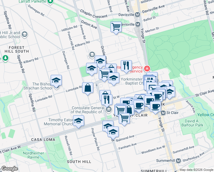 map of restaurants, bars, coffee shops, grocery stores, and more near 73 Oriole Gardens in Toronto
