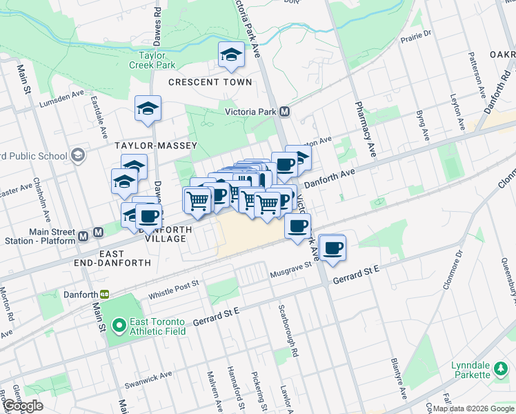 map of restaurants, bars, coffee shops, grocery stores, and more near 3003 Danforth Avenue in Toronto