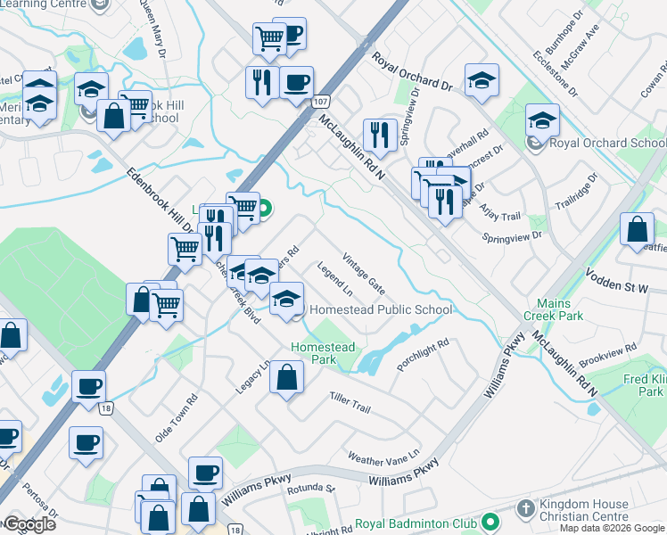 map of restaurants, bars, coffee shops, grocery stores, and more near 39 Legend Lane in Brampton