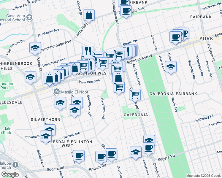 map of restaurants, bars, coffee shops, grocery stores, and more near 541 Blackthorn Avenue in Toronto