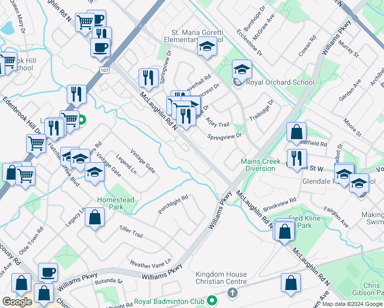 map of restaurants, bars, coffee shops, grocery stores, and more near 9750 McLaughlin Road North in Brampton
