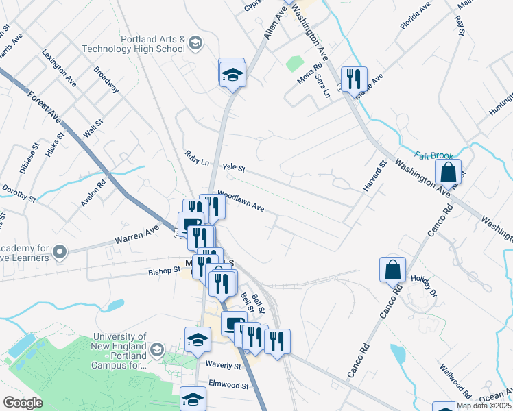 map of restaurants, bars, coffee shops, grocery stores, and more near 64 Woodlawn Avenue in Portland