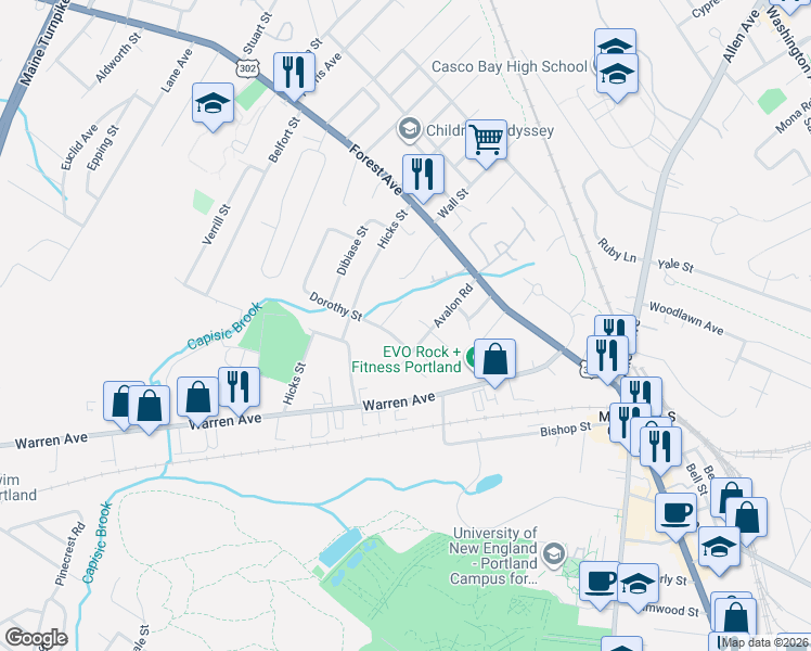 map of restaurants, bars, coffee shops, grocery stores, and more near 16 Avalon Terrace in Portland