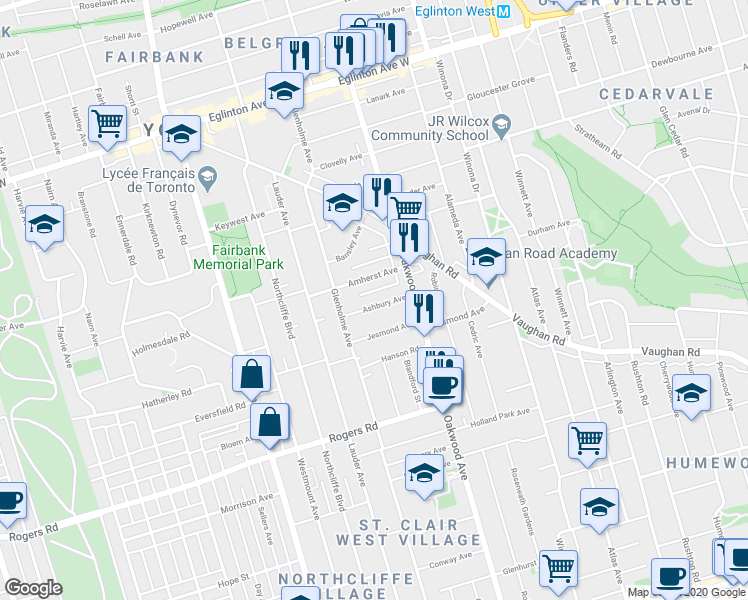 map of restaurants, bars, coffee shops, grocery stores, and more near in Toronto