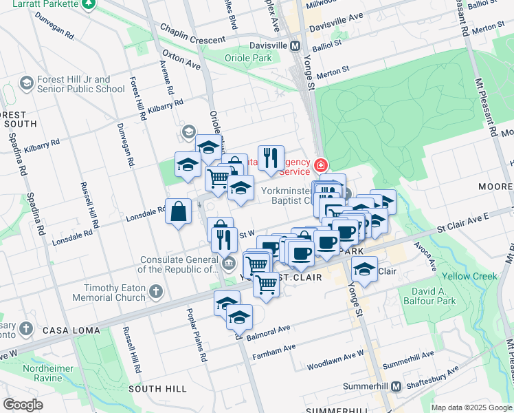 map of restaurants, bars, coffee shops, grocery stores, and more near 57 Oriole Gardens in Toronto