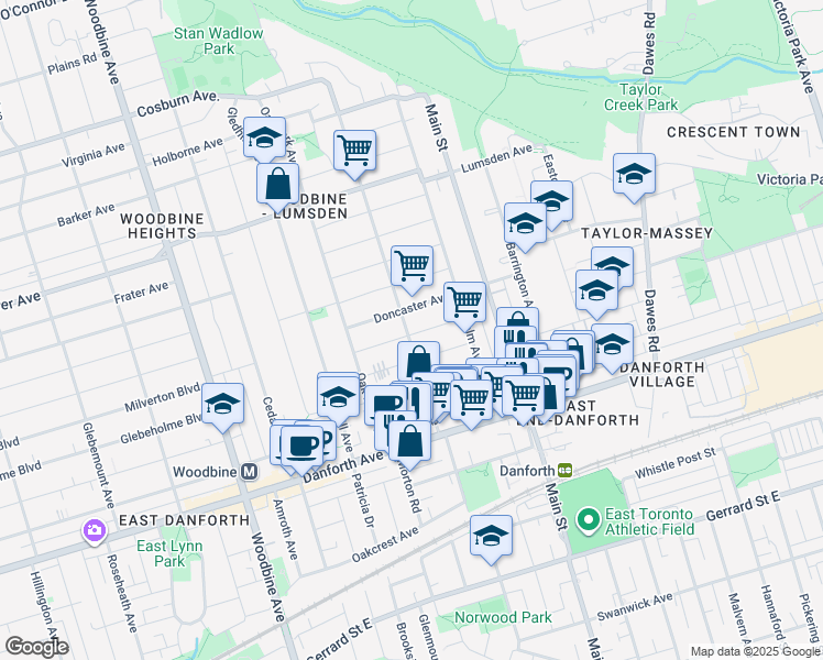 map of restaurants, bars, coffee shops, grocery stores, and more near 141 Westlake Avenue in Toronto