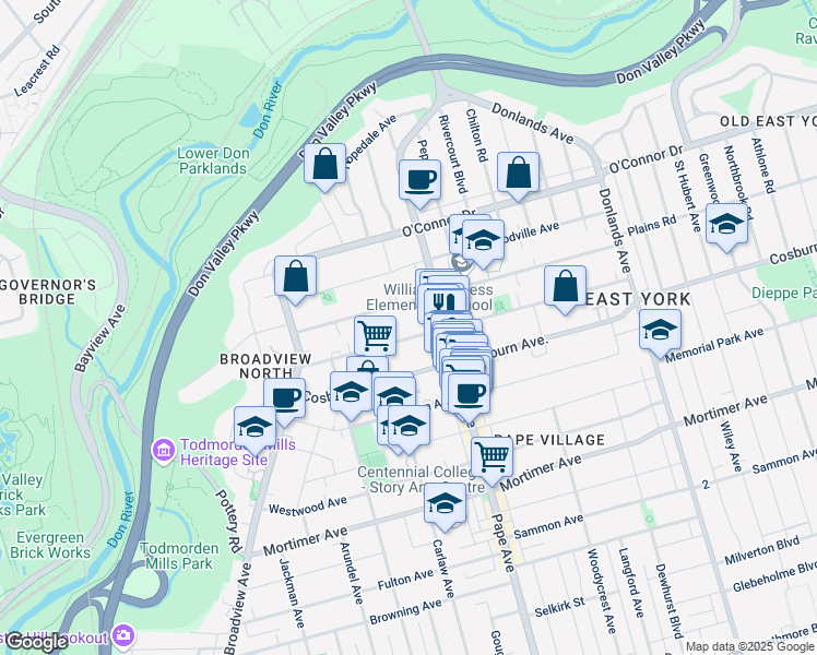 map of restaurants, bars, coffee shops, grocery stores, and more near 100 Gamble Avenue in Toronto