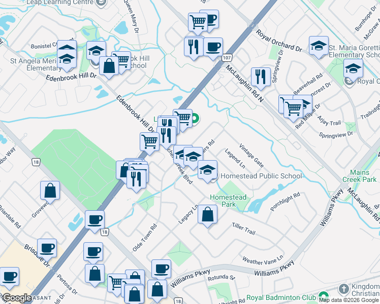 map of restaurants, bars, coffee shops, grocery stores, and more near 19 Vintage Gate in Brampton