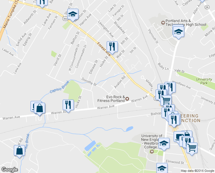 map of restaurants, bars, coffee shops, grocery stores, and more near 16 Avalon Terrace in Portland