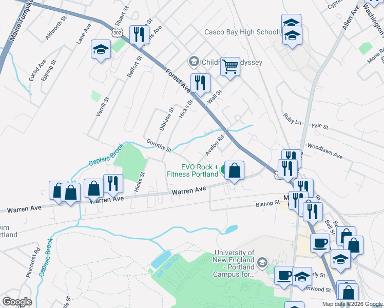 map of restaurants, bars, coffee shops, grocery stores, and more near 16 Avalon Terrace in Portland