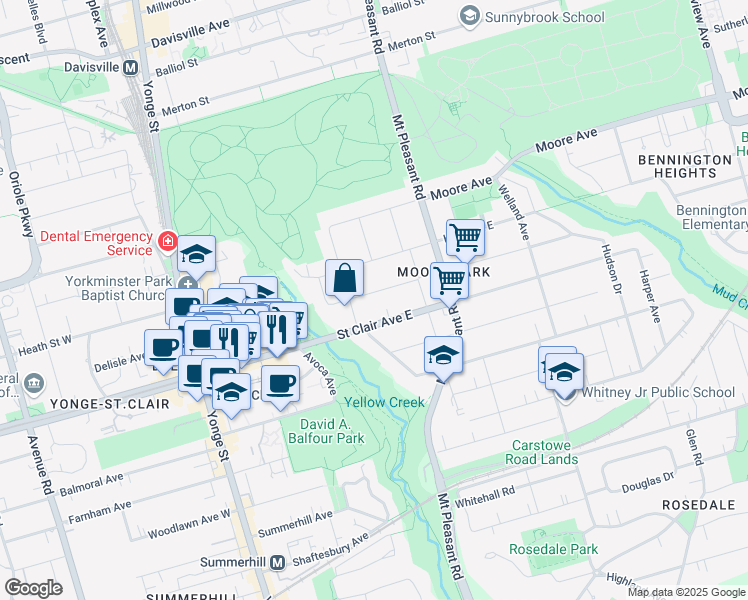 map of restaurants, bars, coffee shops, grocery stores, and more near 27 Rose Park Drive in Toronto