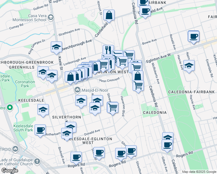 map of restaurants, bars, coffee shops, grocery stores, and more near 68 Cameron Avenue in Toronto