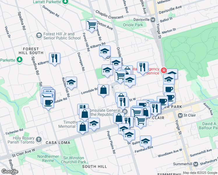 map of restaurants, bars, coffee shops, grocery stores, and more near 219 Lonsdale Road in Toronto