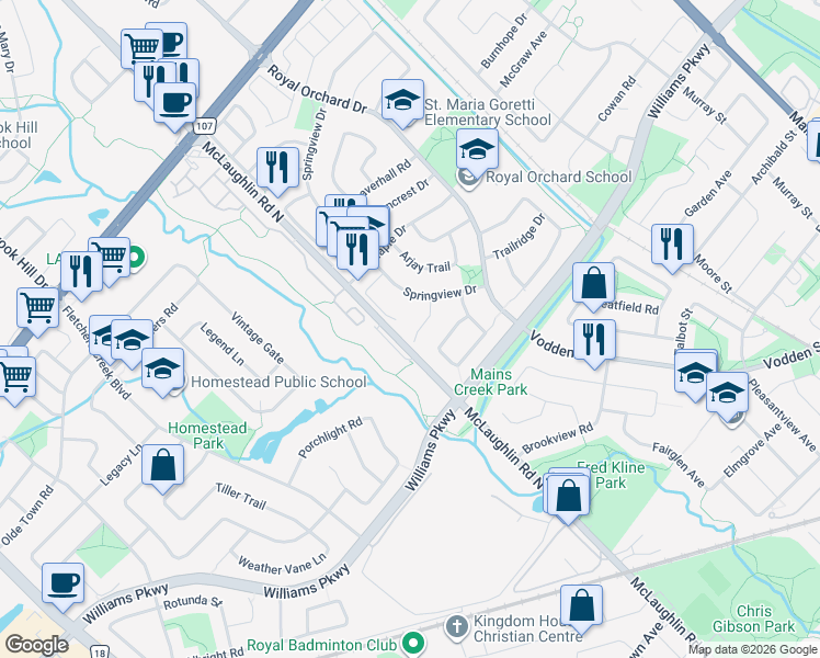 map of restaurants, bars, coffee shops, grocery stores, and more near 21 Carabram Court in Brampton