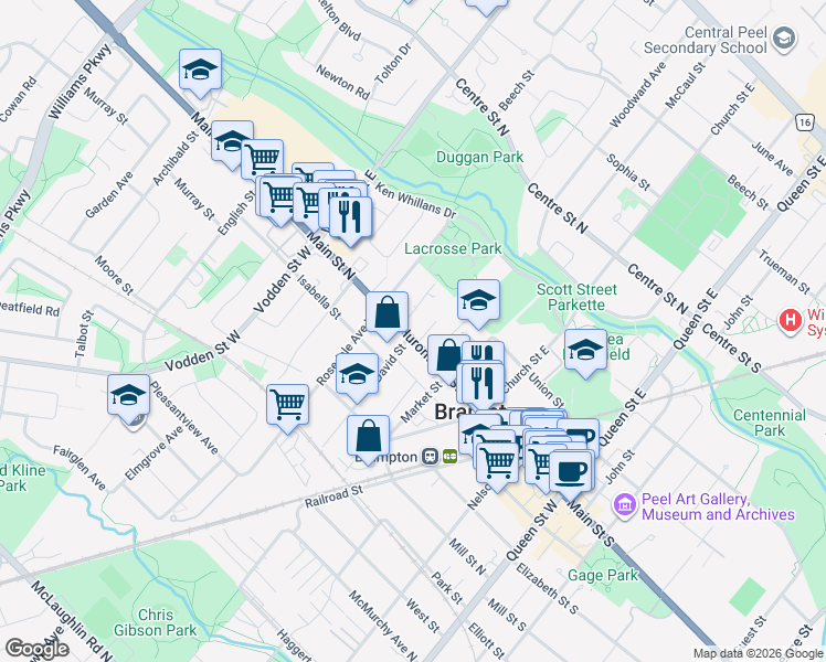 map of restaurants, bars, coffee shops, grocery stores, and more near 230 Main Street North in Brampton