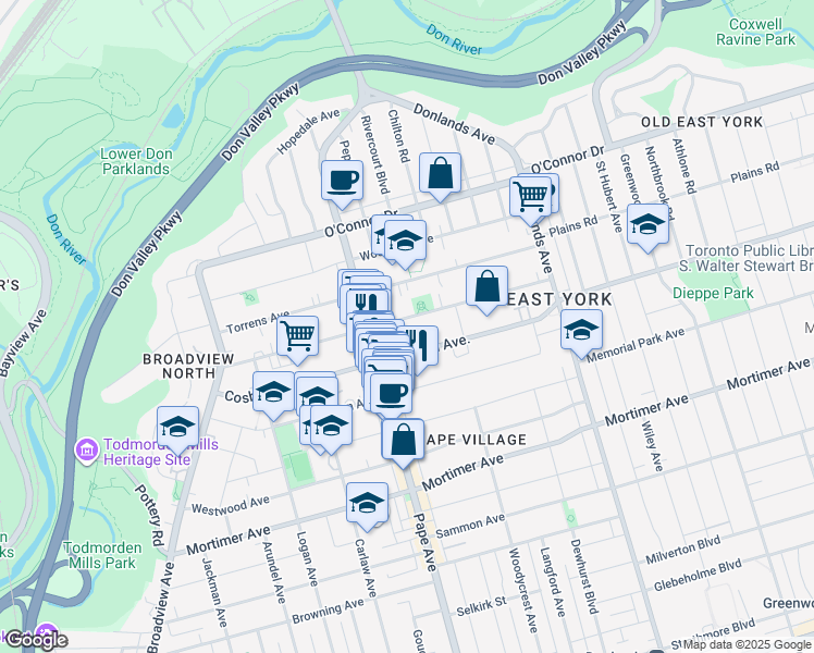 map of restaurants, bars, coffee shops, grocery stores, and more near 143 Gamble Avenue in Toronto