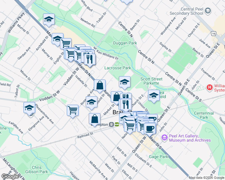 map of restaurants, bars, coffee shops, grocery stores, and more near 3 Bird Avenue in Brampton