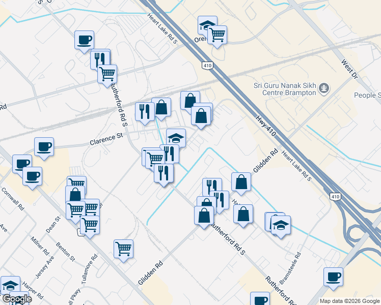 map of restaurants, bars, coffee shops, grocery stores, and more near 27 Selby Road in Brampton