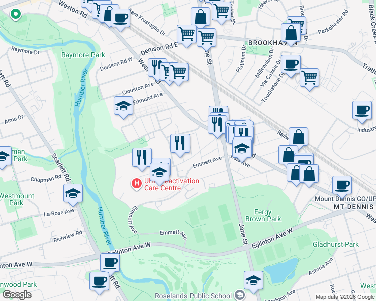 map of restaurants, bars, coffee shops, grocery stores, and more near 2 Birch Tree Crescent in Toronto