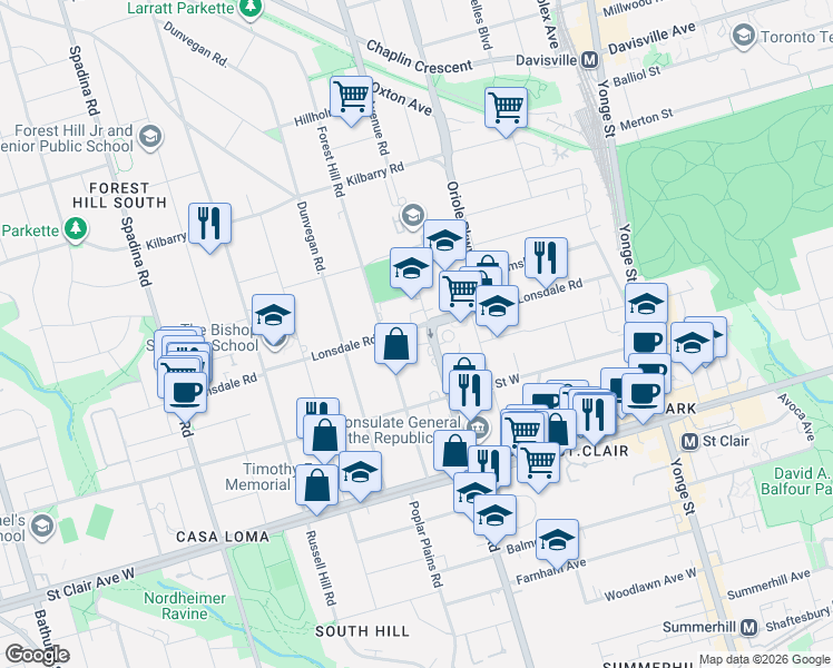 map of restaurants, bars, coffee shops, grocery stores, and more near 215 Lonsdale Road in Toronto