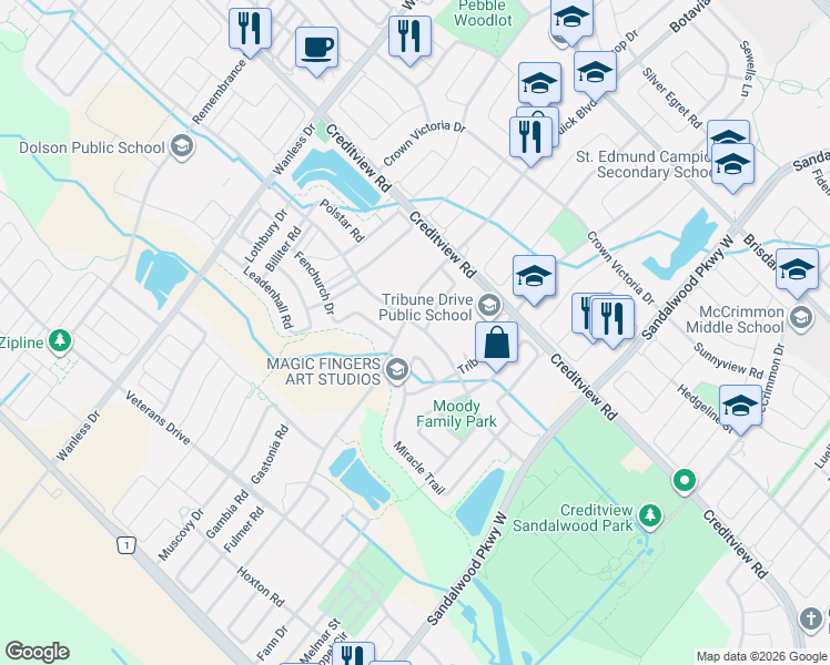 map of restaurants, bars, coffee shops, grocery stores, and more near 92 Robert Parkinson Drive in Brampton
