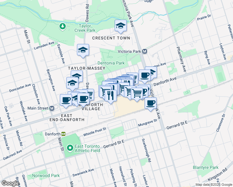 map of restaurants, bars, coffee shops, grocery stores, and more near in Toronto