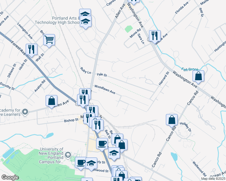 map of restaurants, bars, coffee shops, grocery stores, and more near 64 Woodlawn Avenue in Portland