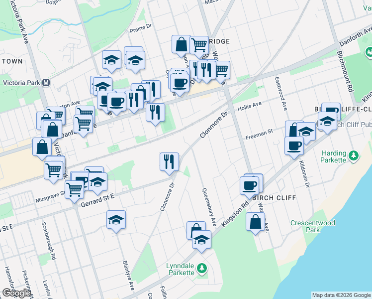 map of restaurants, bars, coffee shops, grocery stores, and more near 174 Clonmore Drive in Toronto