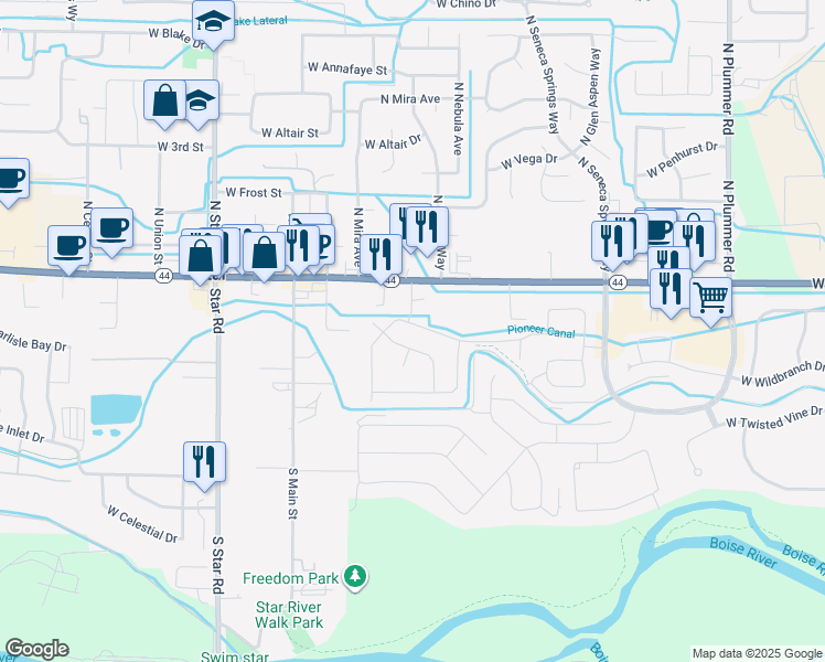 map of restaurants, bars, coffee shops, grocery stores, and more near 10581 West Achillea Street in Star