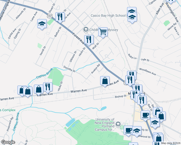 map of restaurants, bars, coffee shops, grocery stores, and more near 16 Avalon Terrace in Portland