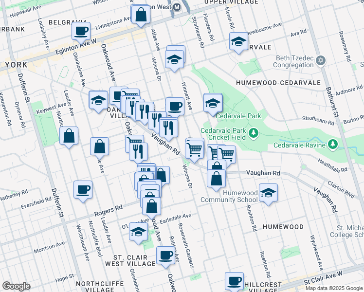 map of restaurants, bars, coffee shops, grocery stores, and more near 475 Winona Drive in Toronto