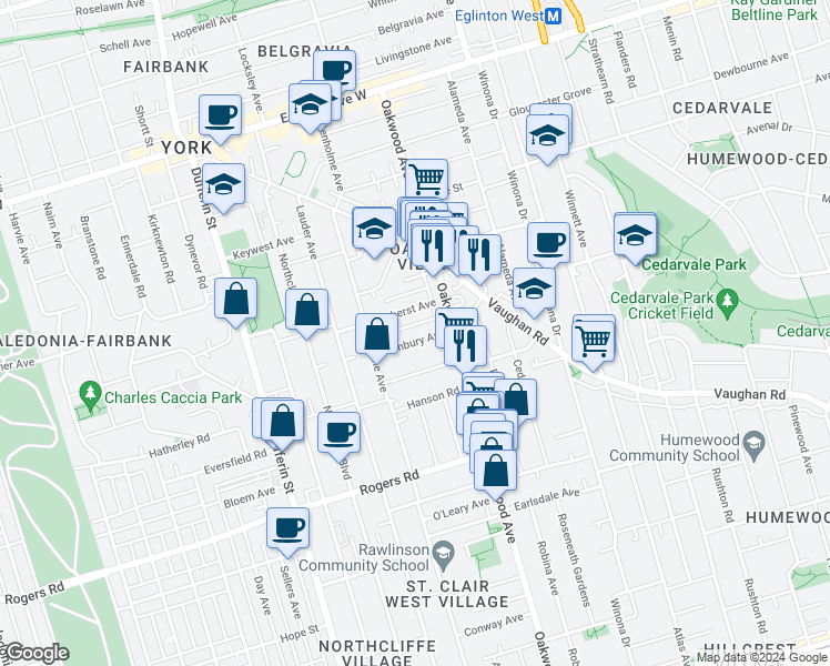 map of restaurants, bars, coffee shops, grocery stores, and more near in Toronto