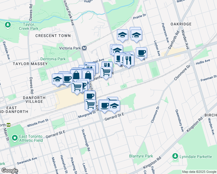map of restaurants, bars, coffee shops, grocery stores, and more near 17 Lucy Avenue in Toronto