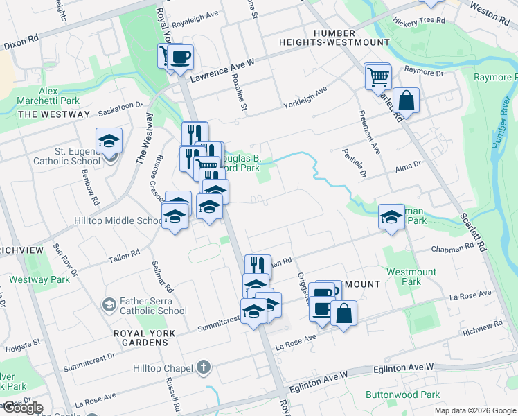 map of restaurants, bars, coffee shops, grocery stores, and more near 9 Westmount Park Road in Toronto