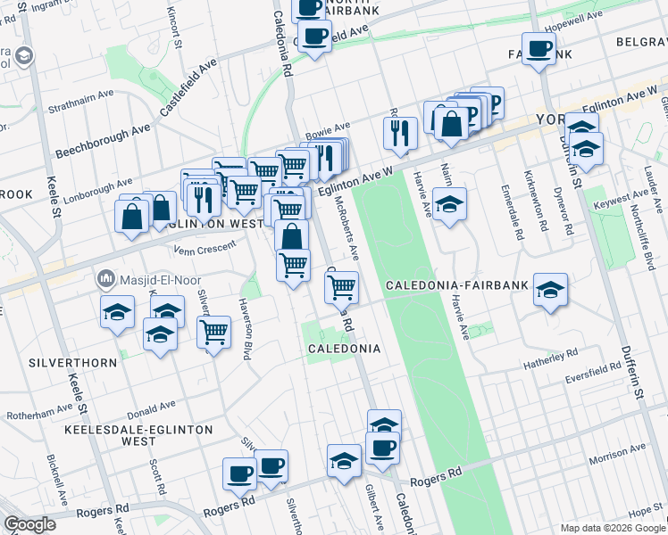 map of restaurants, bars, coffee shops, grocery stores, and more near 13 Keith Avenue in Toronto