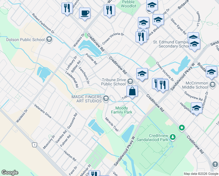 map of restaurants, bars, coffee shops, grocery stores, and more near 94 Robert Parkinson Drive in Brampton