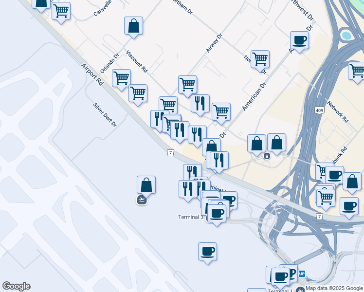 map of restaurants, bars, coffee shops, grocery stores, and more near 6299 Airport Road in Mississauga