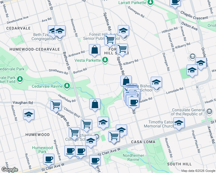 map of restaurants, bars, coffee shops, grocery stores, and more near 8 Vesta Drive in Toronto