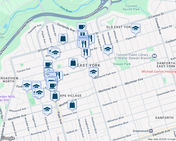map of restaurants, bars, coffee shops, grocery stores, and more near 280 Donlands Avenue in Toronto