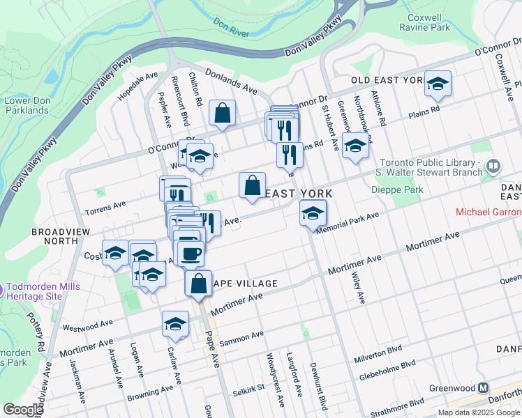 map of restaurants, bars, coffee shops, grocery stores, and more near 224 Cosburn Avenue in Toronto