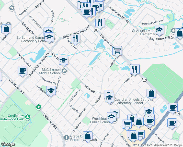 map of restaurants, bars, coffee shops, grocery stores, and more near 26 Fallstar Crescent in Brampton