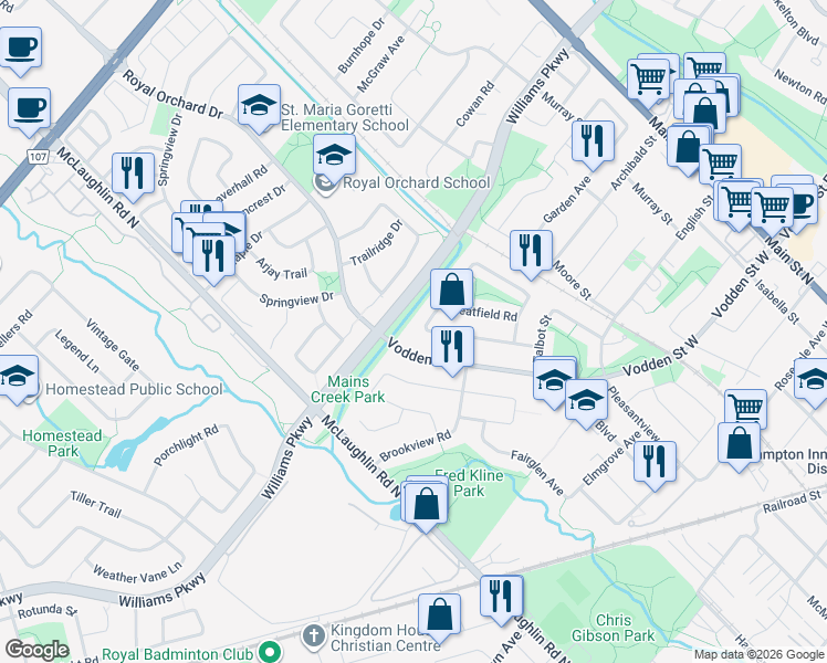 map of restaurants, bars, coffee shops, grocery stores, and more near 78 Martindale Crescent in Brampton