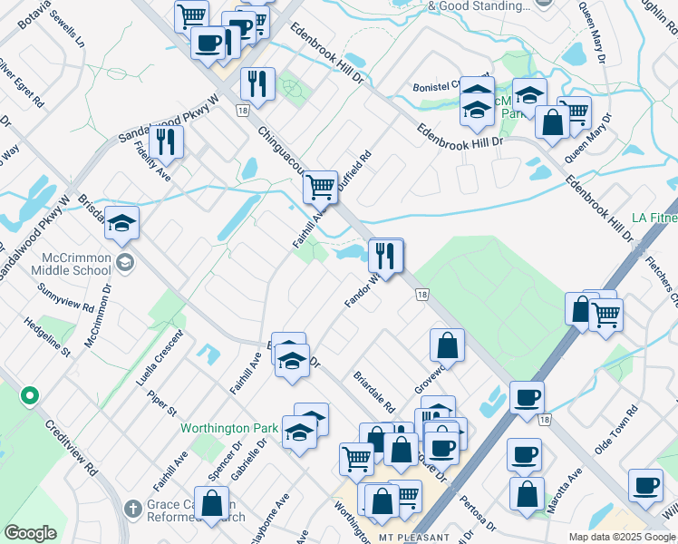 map of restaurants, bars, coffee shops, grocery stores, and more near 68 Maple Beach Crescent in Brampton