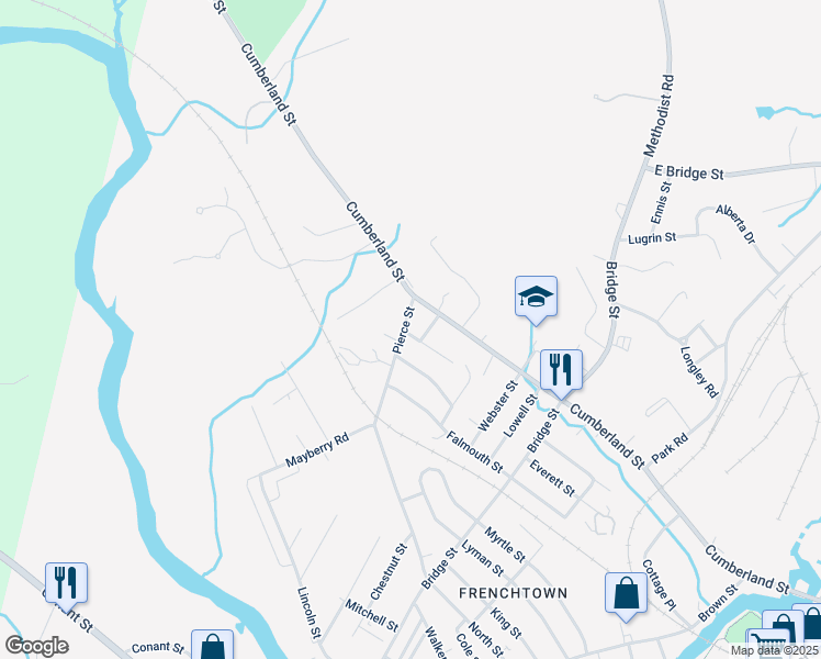 map of restaurants, bars, coffee shops, grocery stores, and more near 215 Pierce Street in Westbrook
