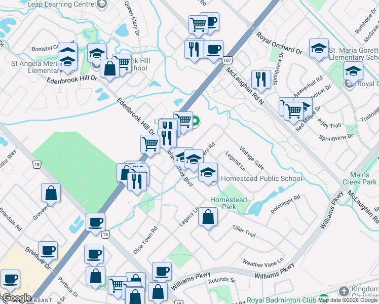 map of restaurants, bars, coffee shops, grocery stores, and more near 19 Vintage Gate in Brampton