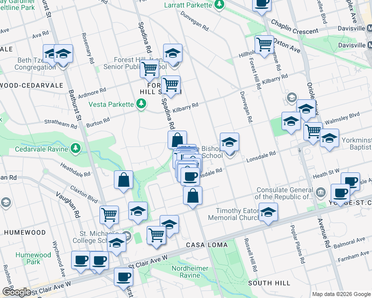map of restaurants, bars, coffee shops, grocery stores, and more near 34 Coulson Avenue in Toronto