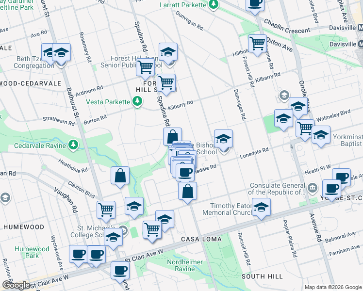 map of restaurants, bars, coffee shops, grocery stores, and more near 34 Coulson Avenue in Toronto