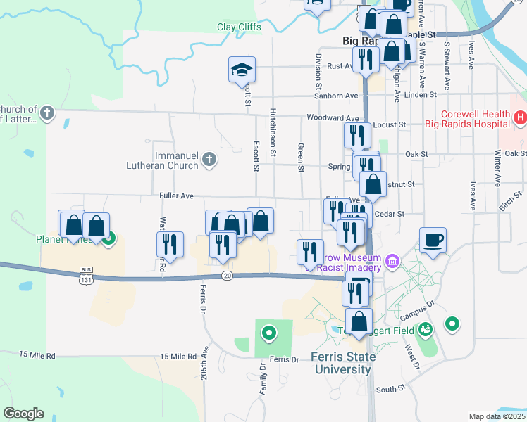 map of restaurants, bars, coffee shops, grocery stores, and more near 521 Fuller Avenue in Big Rapids