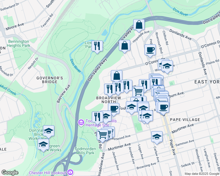 map of restaurants, bars, coffee shops, grocery stores, and more near 86 Don Valley Drive in Toronto