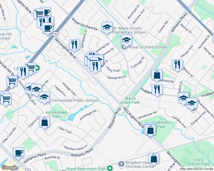 map of restaurants, bars, coffee shops, grocery stores, and more near 38 Fairbank Court in Brampton